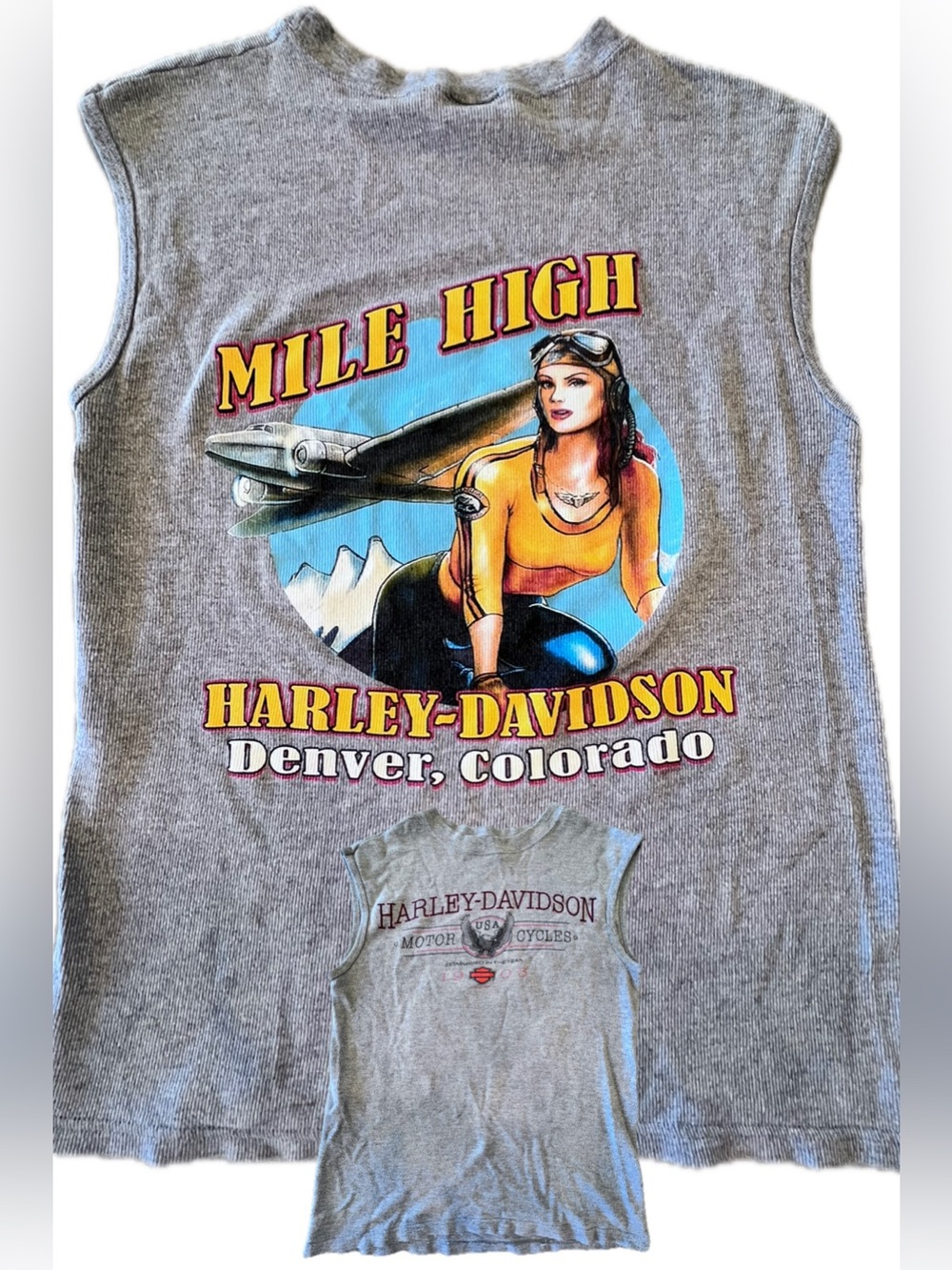 Harley-Davidson Vintage Pin-up Pilot Mile High Denver, Colorado Sleeveless Tee